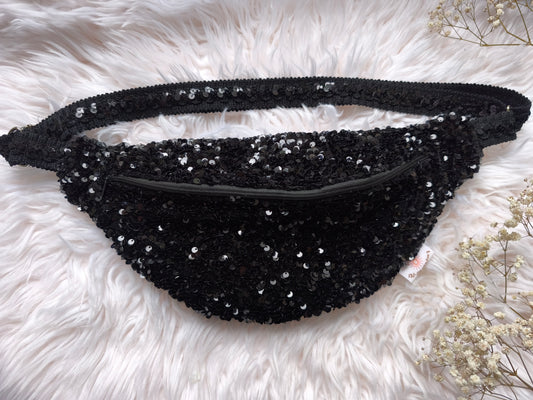 Sac banane fait main noir à sequins  – accessoire brillant, sac de soirée, sac festival, style glamour